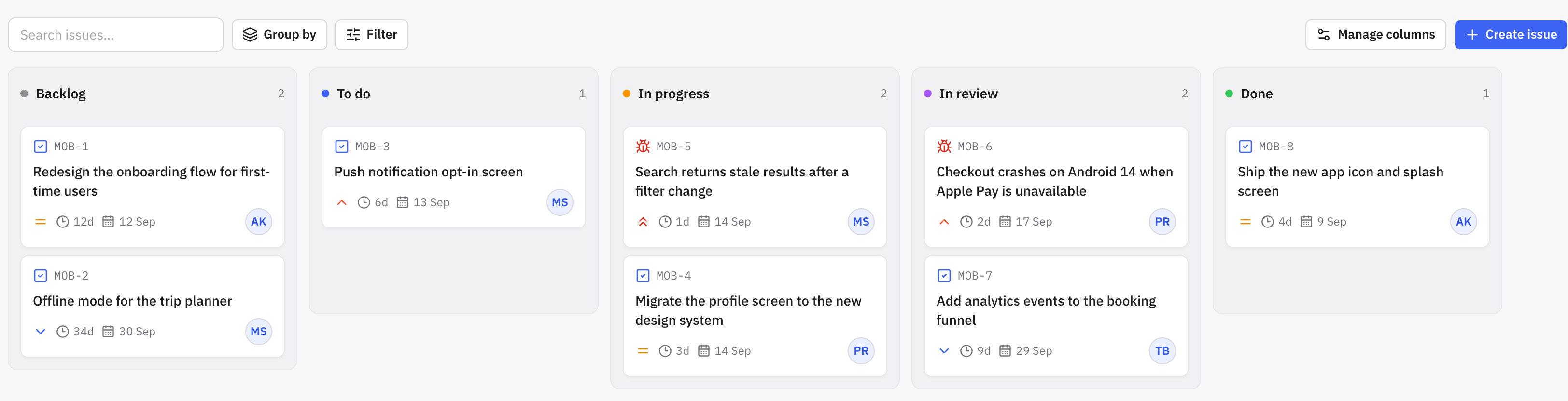 The JaWork kanban board for a project called Mobile App Revamp, with issue cards spread across five columns — Backlog, To do, In progress, In review and Done — each card showing its issue key, title, priority, time in status and assignee.